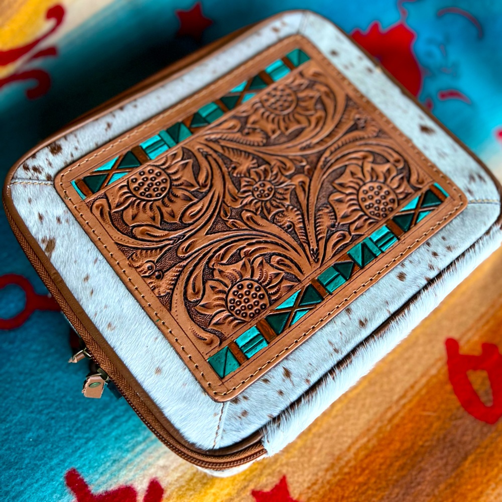 Cowhide Tooled Leather Travel Jewelry Case